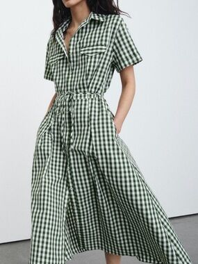 Zara Green Gingham Maxi Shirt Dress with Tie Waist